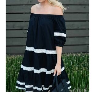Kate Spade Cotton Off Shoulder Black Boho Cottage Core Dress